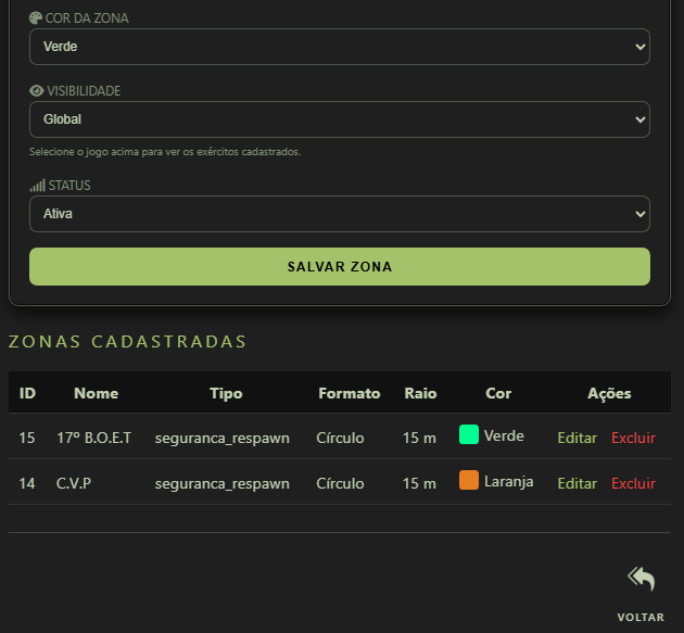 Tela Zona Tática com cor da zona, visibilidade, status, botão Salvar Zona e lista Zonas cadastradas com Editar e Excluir.
